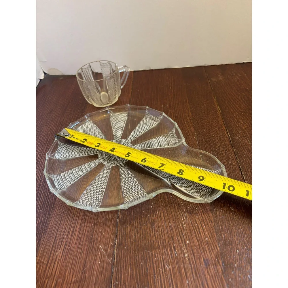 Vintage‎ Clear Pressed Glass Snack Set Sunburst Beaded Plate and Cup 2 Piece